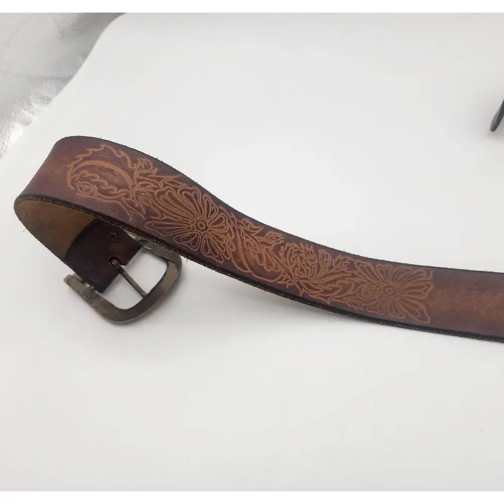 Vintage Leather Belt Size 40 with Ornate Floral Leather Work and HONDA Etching